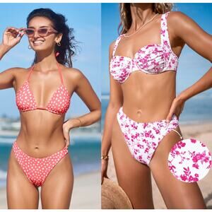 NWT Cupshe Reversible Polka Dot Bikini Top & Extra Cheeky Bottoms Set BUNDLE M